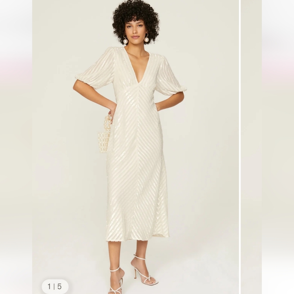RIXO Cream Midi sequin Dress with V-Neck, Xs